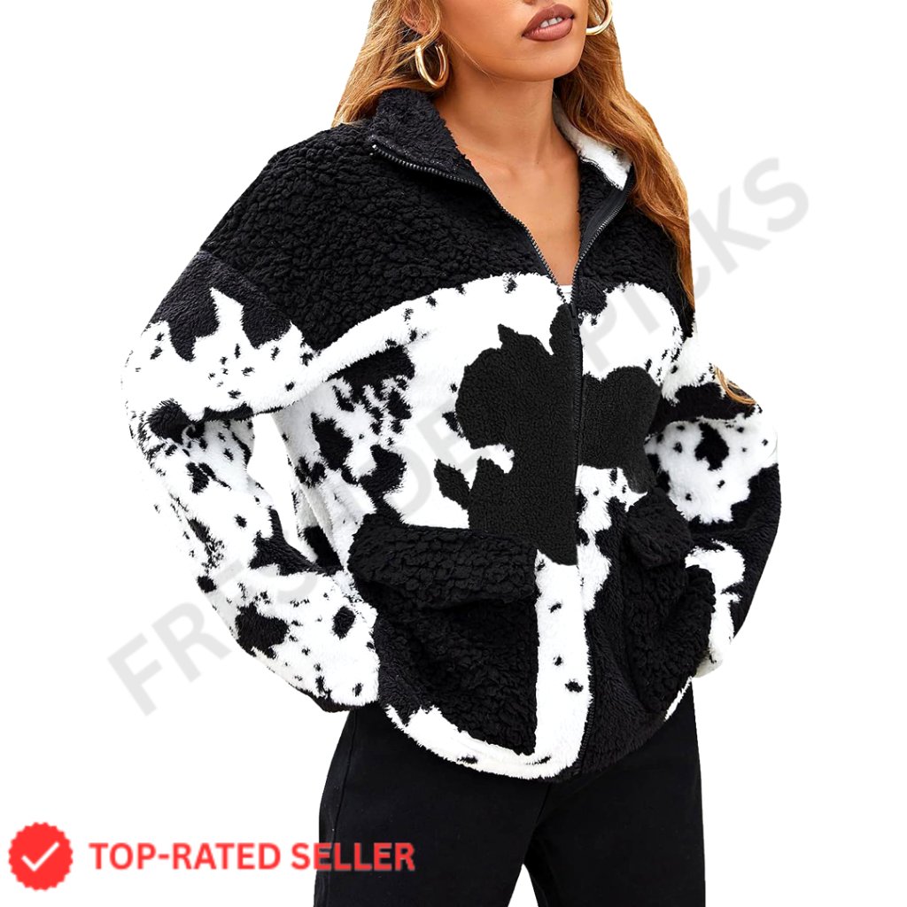 Faux Fur Sherpa Jacket With Cow Print, Zip Up Fleece Oversized Winter Coat